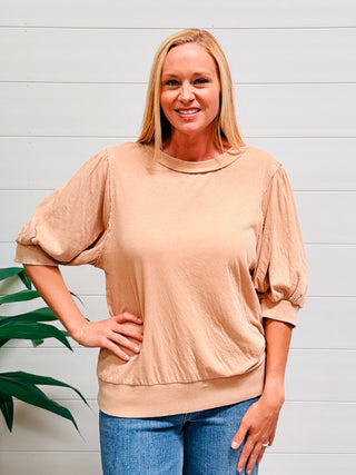 Really a Dream Mineral Washed Bubble Sleeve Top • Tan-Easel-Shop Anchored Bliss Women's Boutique Clothing Store