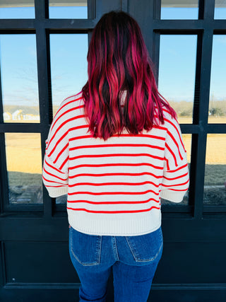 On My Mind Striped Drop Shoulder Sweater Top • Red-Blu Pepper-Shop Anchored Bliss Women's Boutique Clothing Store
