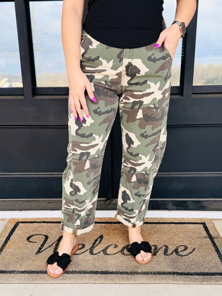 Risen Letting Loose Slouchy Cropped Barrel Denim Jeans • Camo-Risen-Shop Anchored Bliss Women's Boutique Clothing Store