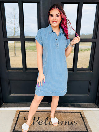 Rock My World Denim Pinstripe Polo Mini Dress • Light Denim-Umgee-Shop Anchored Bliss Women's Boutique Clothing Store
