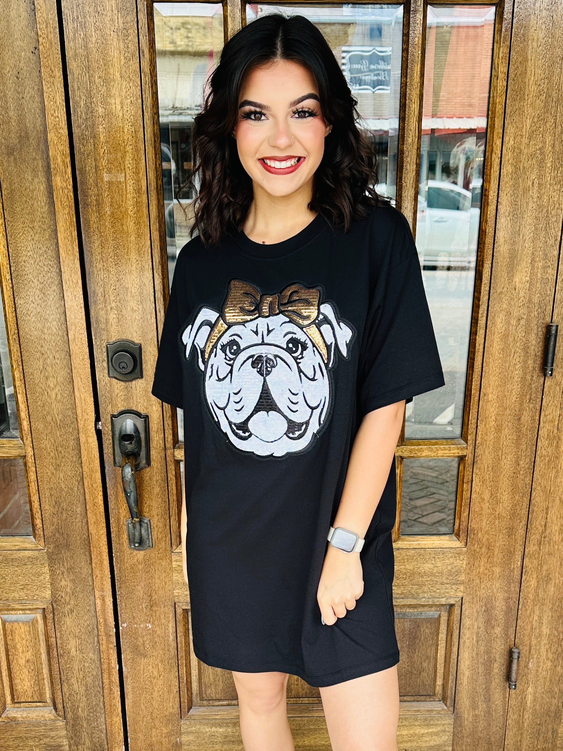 Bulldogs Sequin Patch T-Shirt Dress • Black – Anchored Bliss Boutique