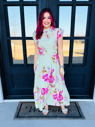 Say It’s True Smocked Sage Green Floral Midi Dress-Oddi-Shop Anchored Bliss Women's Boutique Clothing Store