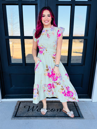Say It’s True Smocked Sage Green Floral Midi Dress-Oddi-Shop Anchored Bliss Women's Boutique Clothing Store