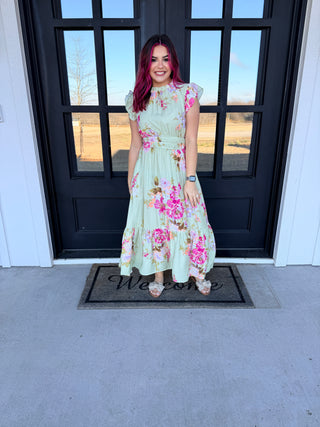 Say It’s True Smocked Sage Green Floral Midi Dress-Oddi-Shop Anchored Bliss Women's Boutique Clothing Store