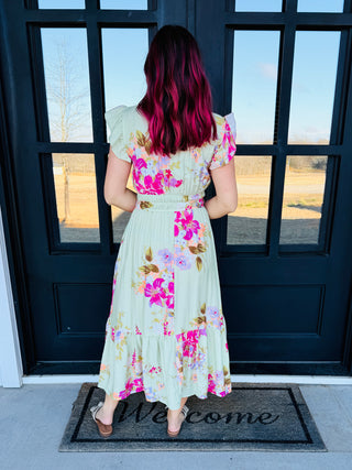Say It’s True Smocked Sage Green Floral Midi Dress-Oddi-Shop Anchored Bliss Women's Boutique Clothing Store