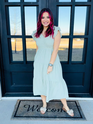 Count on You Flutter Sleeve V Neck Smocked Midi Dress • Sage Green-Blu Pepper-Shop Anchored Bliss Women's Boutique Clothing Store
