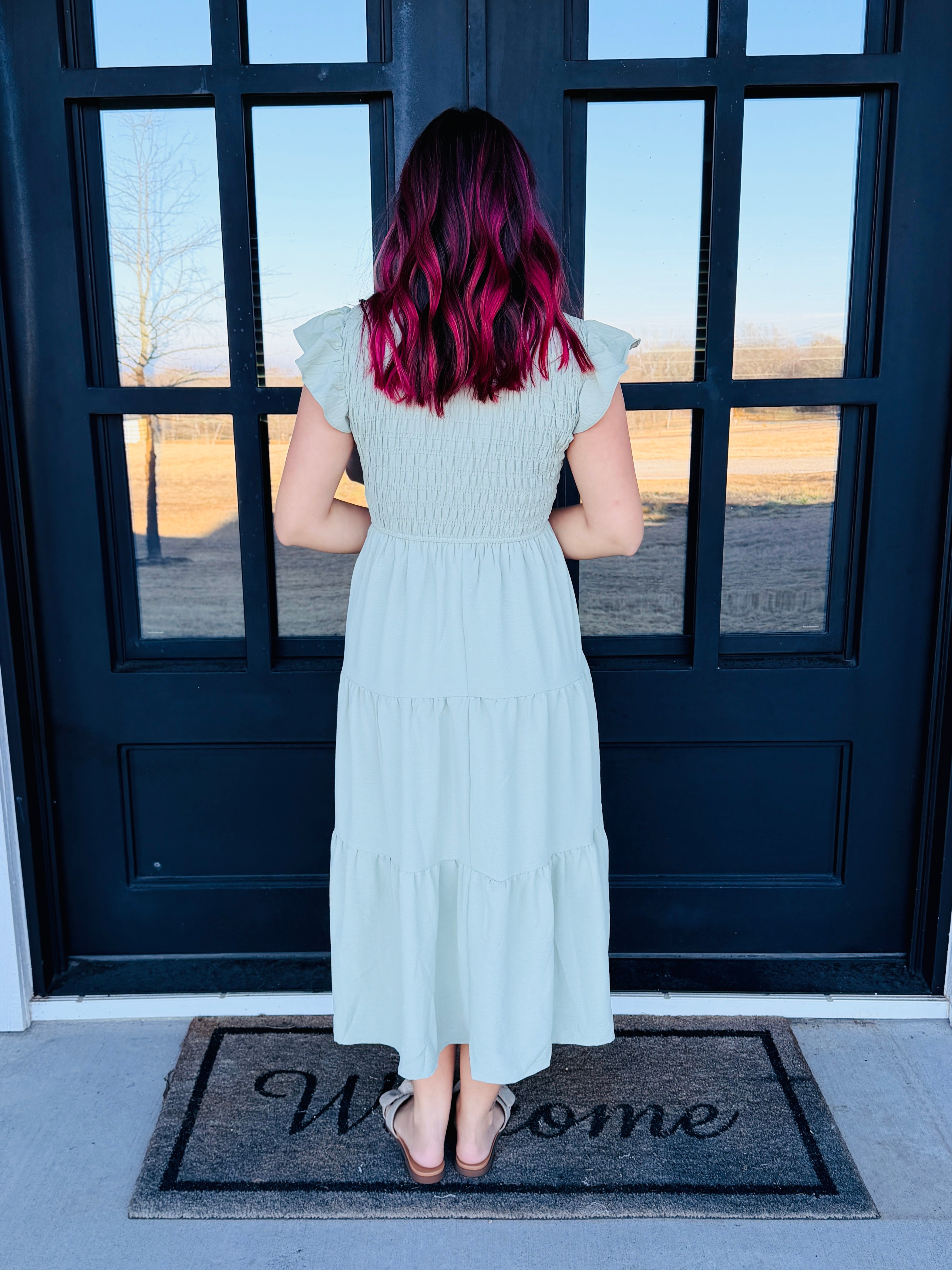 sage green smocked dress Count on You Flutter Sleeve V Neck Midi • – Anchored Bliss Boutique Vivianne Silhouette Showdown: A-Line vs. Meet your new everyday Size (UK):XS