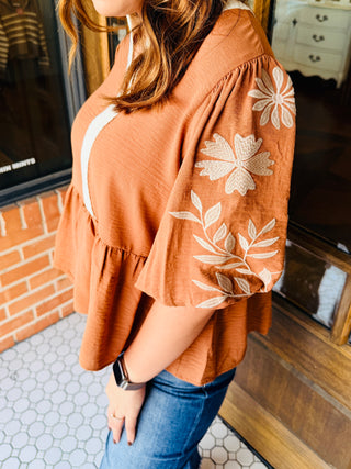 Say It’s Us Peplum Embroidered Puff Sleeve Top • Mocha-Oddi-Shop Anchored Bliss Women's Boutique Clothing Store