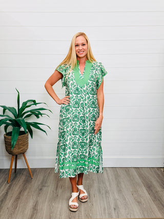 Say You Will Abstract V-Neck Midi Dress • Green-Umgee-Shop Anchored Bliss Women's Boutique Clothing Store