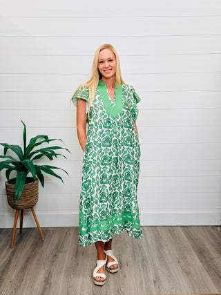 Say You Will Abstract V-Neck Midi Dress • Green-Umgee-Shop Anchored Bliss Women's Boutique Clothing Store