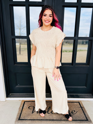 Simply Irresistible Pin Stripe Flutter Sleeve and Pant Set • Oatmeal-Umgee-Shop Anchored Bliss Women's Boutique Clothing Store