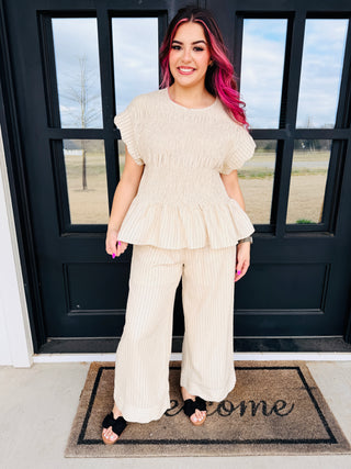 Simply Irresistible Pin Stripe Flutter Sleeve and Pant Set • Oatmeal-Umgee-Shop Anchored Bliss Women's Boutique Clothing Store