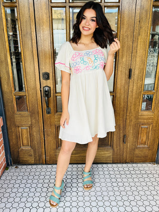 Smitten With You Flower Embroidery Gauze Dress • Cream-Bibi-Shop Anchored Bliss Women's Boutique Clothing Store