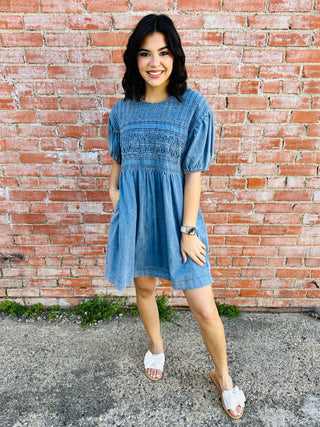 While We Wait Puff Sleeve Washed Denim Dress-She+Sky-Shop Anchored Bliss Women's Boutique Clothing Store