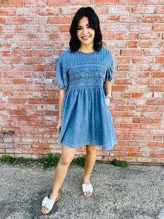 While We Wait Puff Sleeve Washed Denim Dress-She+Sky-Shop Anchored Bliss Women's Boutique Clothing Store