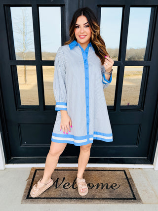 So Happy Together Striped Mini Dress • Blue-Stacey Kluttz-Shop Anchored Bliss Women's Boutique Clothing Store