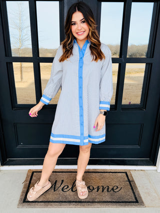 So Happy Together Striped Mini Dress • Blue-Stacey Kluttz-Shop Anchored Bliss Women's Boutique Clothing Store