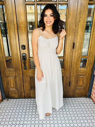 Something Special Striped Maxi Dress • Khaki-Blu Pepper-Shop Anchored Bliss Women's Boutique Clothing Store