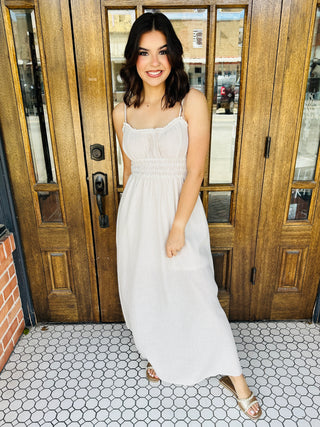 Something Special Striped Maxi Dress • Khaki-Blu Pepper-Shop Anchored Bliss Women's Boutique Clothing Store