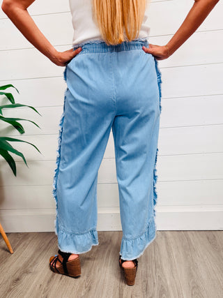 Speak For Yourself Ruffle Stretchy Waist Denim Jeans-Simply Southern-Shop Anchored Bliss Women's Boutique Clothing Store