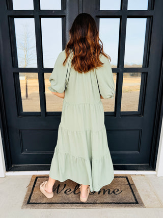 Stand Right Here V Neck Tiered Midi Dress • Sage Green-Umgee-Shop Anchored Bliss Women's Boutique Clothing Store