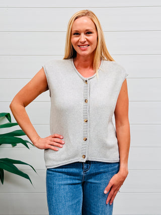 Stay With Me Sleeveless Button Down Knit Top • Grey-Blu Pepper-Shop Anchored Bliss Women's Boutique Clothing Store