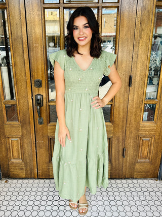 Stay a Little Longer Embroidered Smock Midi Dress • Green-Blu Pepper-Shop Anchored Bliss Women's Boutique Clothing Store