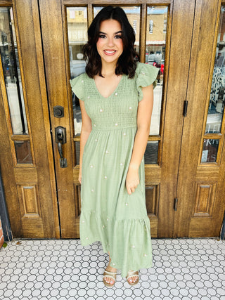 Stay a Little Longer Embroidered Smock Midi Dress • Green-Blu Pepper-Shop Anchored Bliss Women's Boutique Clothing Store