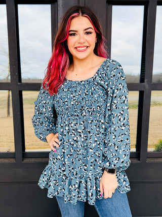 Still Want You Animal Print Smocked Tunic Top • Blue Teal-Lovely Melody-Shop Anchored Bliss Women's Boutique Clothing Store