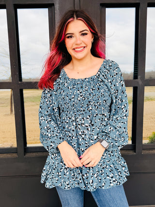 Still Want You Animal Print Smocked Tunic Top • Blue Teal-Lovely Melody-Shop Anchored Bliss Women's Boutique Clothing Store