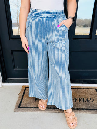 Stood My Ground Stone Washed Stripe Denim Wide Leg Pants-Umgee-Shop Anchored Bliss Women's Boutique Clothing Store