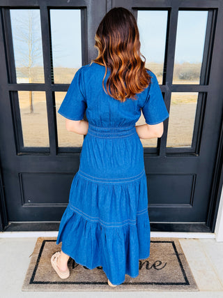 Styled in Grace V-Neck Tiered Denim Midi Dress-She+Sky-Shop Anchored Bliss Women's Boutique Clothing Store