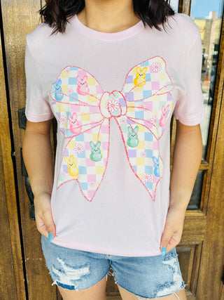 Sweet Bunny Checkered Bow Graphic Tee-Harps & Oli-Shop Anchored Bliss Women's Boutique Clothing Store