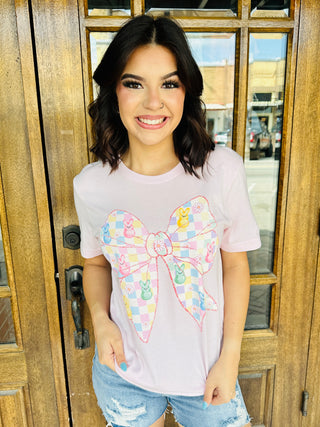Sweet Bunny Checkered Bow Graphic Tee-Harps & Oli-Shop Anchored Bliss Women's Boutique Clothing Store