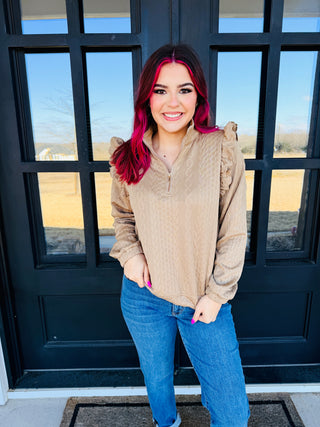 Sweet Intentions Faux Knit Quarter Zip Pullover • Taupe-Umgee-Shop Anchored Bliss Women's Boutique Clothing Store