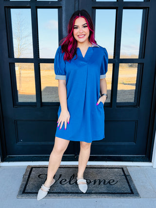 Sweet Wish Short Sleeve Collared Mini Dress • Dusty Blue-Stacey Kluttz-Shop Anchored Bliss Women's Boutique Clothing Store