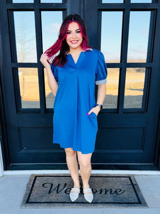 Sweet Wish Short Sleeve Collared Mini Dress • Dusty Blue-Stacey Kluttz-Shop Anchored Bliss Women's Boutique Clothing Store