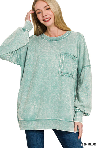 Always On Your Side Acid Washed Pullover • Ash Blue-Zenana-Shop Anchored Bliss Women's Boutique Clothing Store