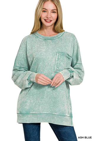 Always On Your Side Acid Washed Pullover • Ash Blue-Zenana-Shop Anchored Bliss Women's Boutique Clothing Store