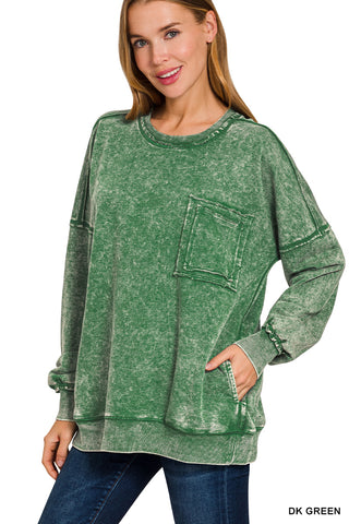 Always On Your Side Acid Washed Pullover • Dark Green-Zenana-Shop Anchored Bliss Women's Boutique Clothing Store
