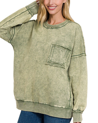 Everythings Going My Way Acid Wash Pocket Pullover • Olive-Zenana-Shop Anchored Bliss Women's Boutique Clothing Store