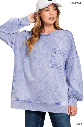 Always On Your Side Acid Washed Pullover • Navy-Zenana-Shop Anchored Bliss Women's Boutique Clothing Store