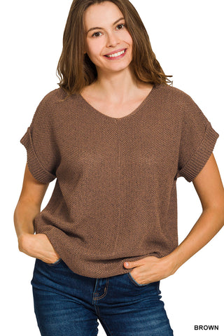 Feeling My Best Center Seam Short Sleeve Sweater • Brown-Zenana-Shop Anchored Bliss Women's Boutique Clothing Store
