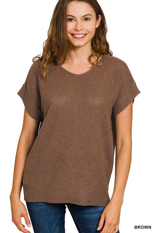 Feeling My Best Center Seam Short Sleeve Sweater • Brown-Zenana-Shop Anchored Bliss Women's Boutique Clothing Store