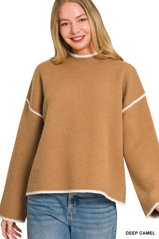 Stitched With Love Contrast Trim Sweater • Camel Brown-Zenana-Shop Anchored Bliss Women's Boutique Clothing Store