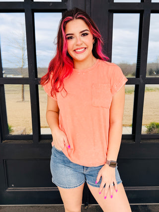 Take Me Down Acid Washed Pocket Top • Coral-Zenana-Shop Anchored Bliss Women's Boutique Clothing Store