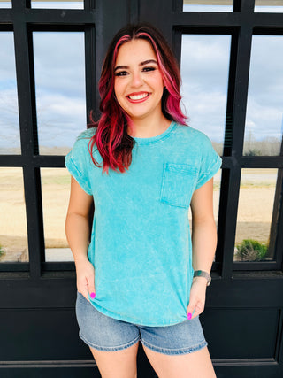 Take Me Down Acid Washed Pocket Top • Turquoise-Zenana-Shop Anchored Bliss Women's Boutique Clothing Store