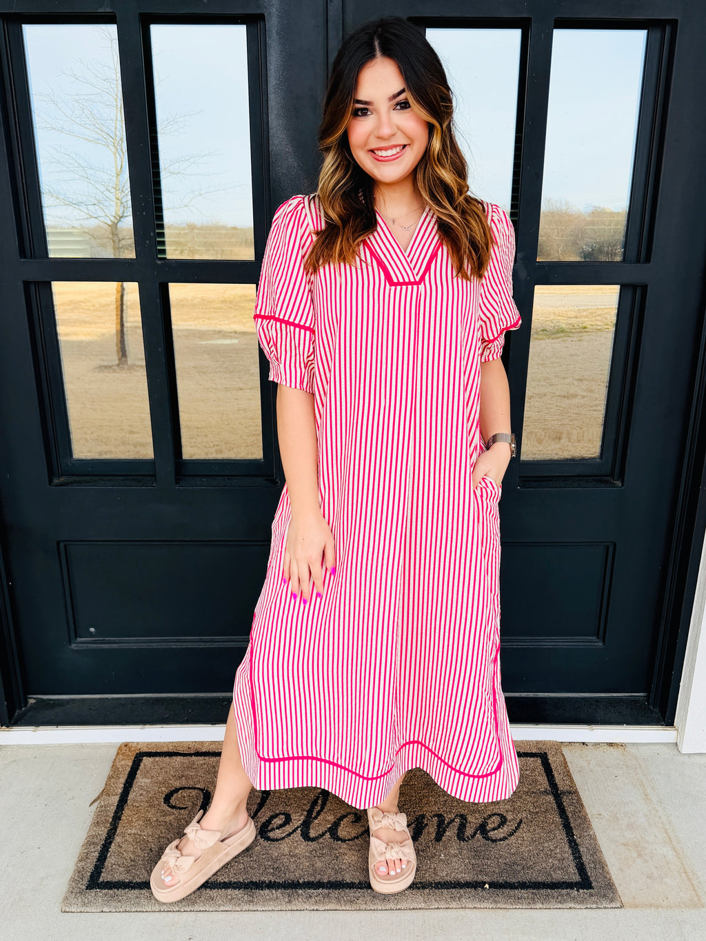 Take Me There Raspberry Striped Puff Sleeve Midi Boutique Dress ...