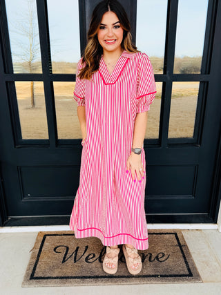 Take Me There Striped Puff Sleeve Midi Dress • Raspberry-Umgee-Shop Anchored Bliss Women's Boutique Clothing Store