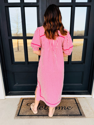 Take Me There Striped Puff Sleeve Midi Dress • Raspberry-Umgee-Shop Anchored Bliss Women's Boutique Clothing Store